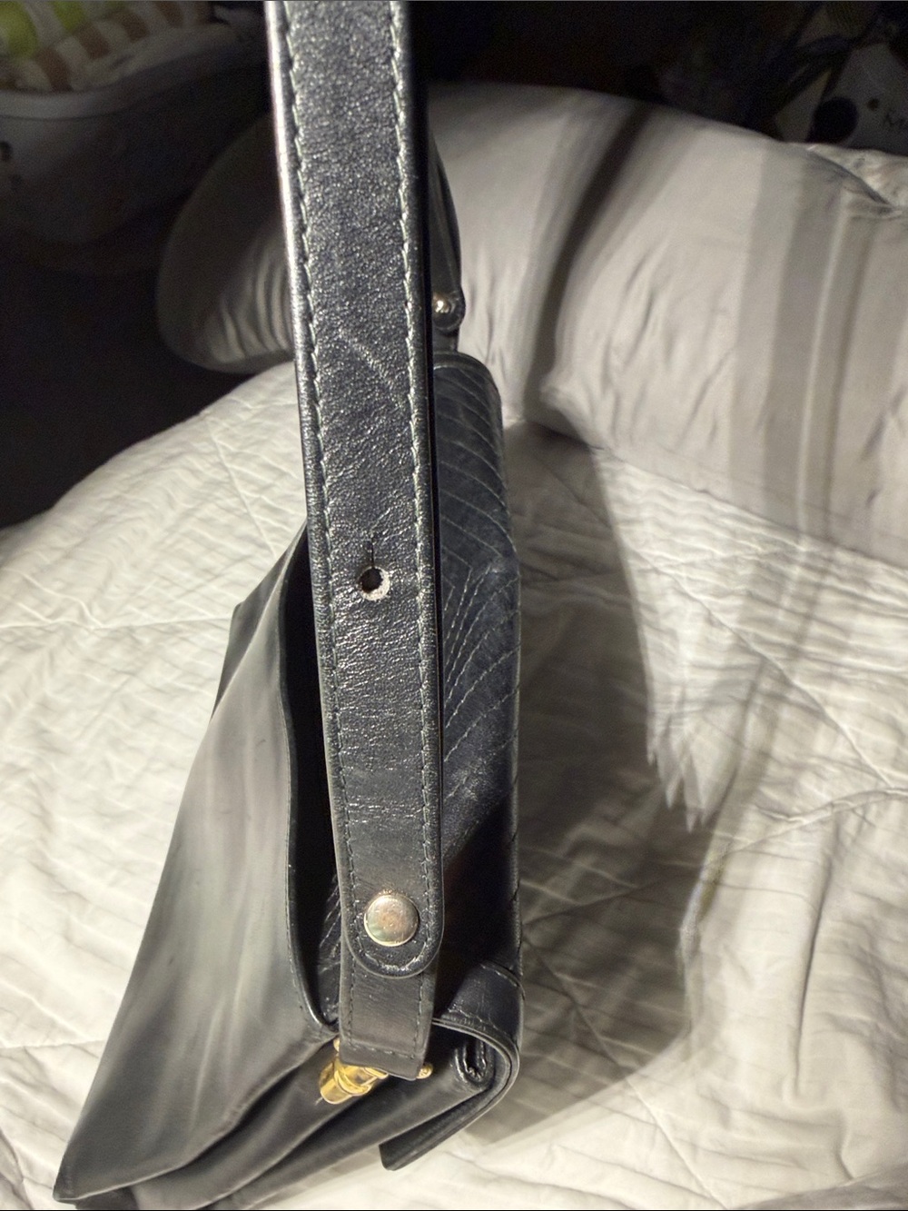 Black Chevron-Detail Shoulder Bag with Gold Turn Lock - Picture 7 of 10